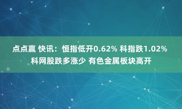 点点赢 快讯：恒指低开0.62% 科指跌1.02% 科网股跌多涨少 有色金属板块高开